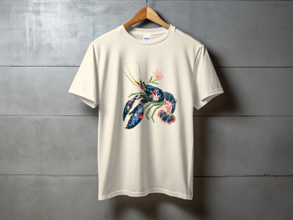 Cream t-shirt with a stylized blue and pink lobster graphic.