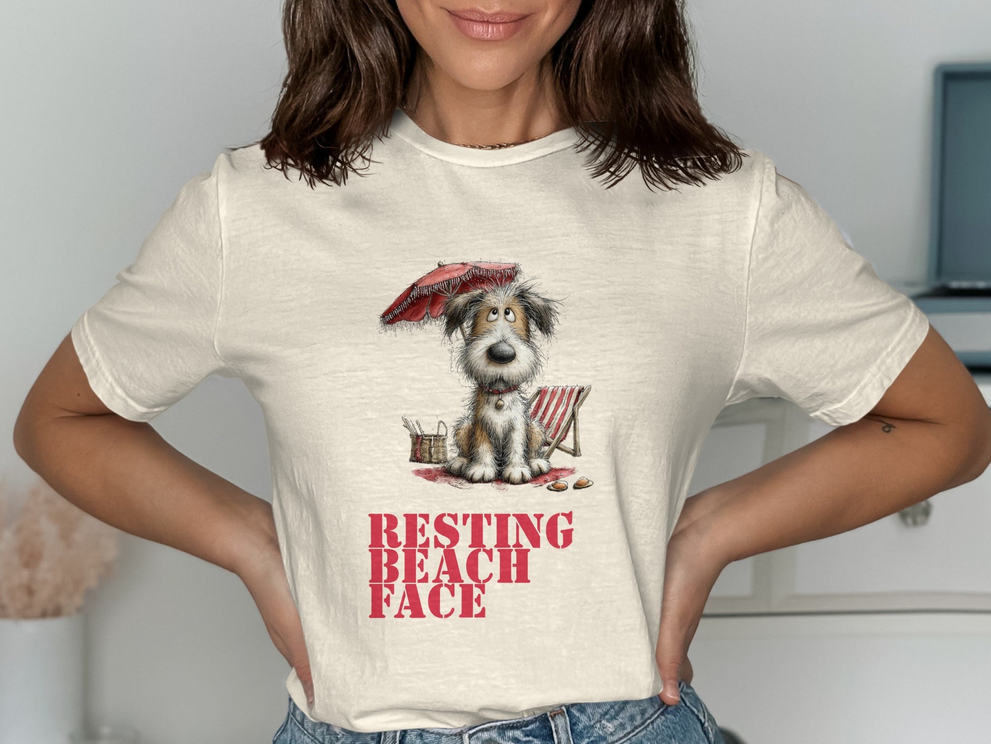 Dog in beach chair under umbrella with text "RESTING BEACH FACE".