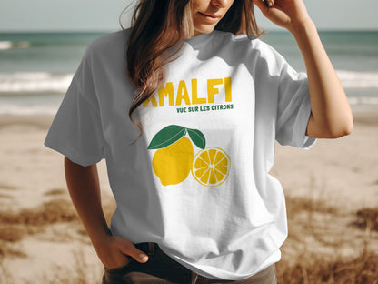 White t-shirt with "AMALFI" text and lemon graphic.