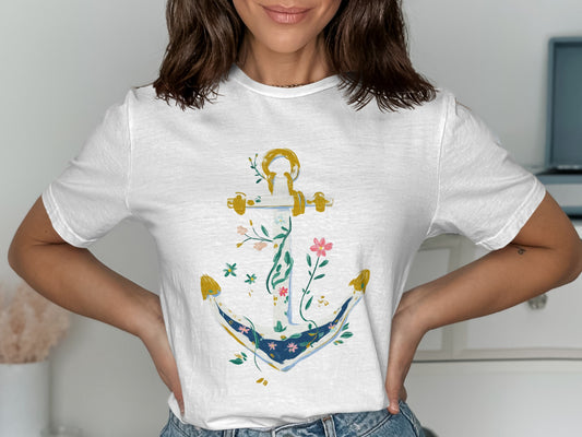 White t-shirt with a floral anchor design.