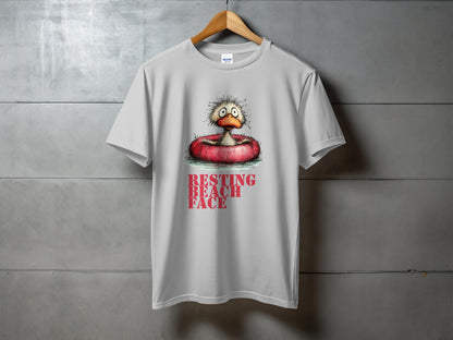 Grey t-shirt with cartoon duck in inner tube and text "RESTING BEACH FACE".