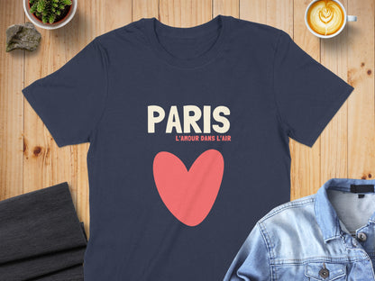 Navy t-shirt with "PARIS L'AMOUR DANS L'AIR" and a large red heart.