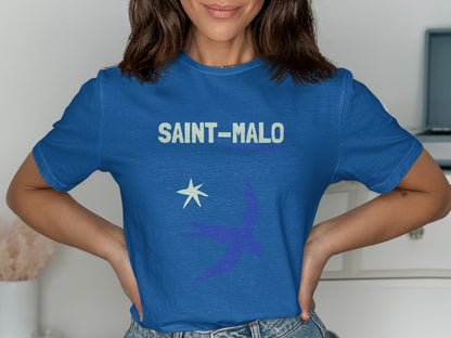 Blue t-shirt with "SAINT-MALO" and a blue bird graphic.