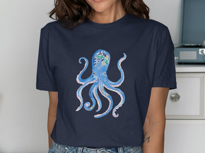 Navy t-shirt with a colorful watercolor-style octopus graphic.
