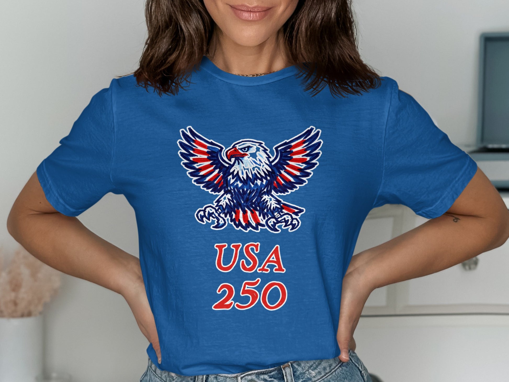 Blue t-shirt with bald eagle and "USA 250" graphic.