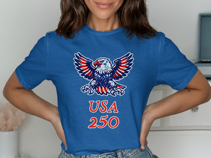 Blue t-shirt with bald eagle and "USA 250" graphic.
