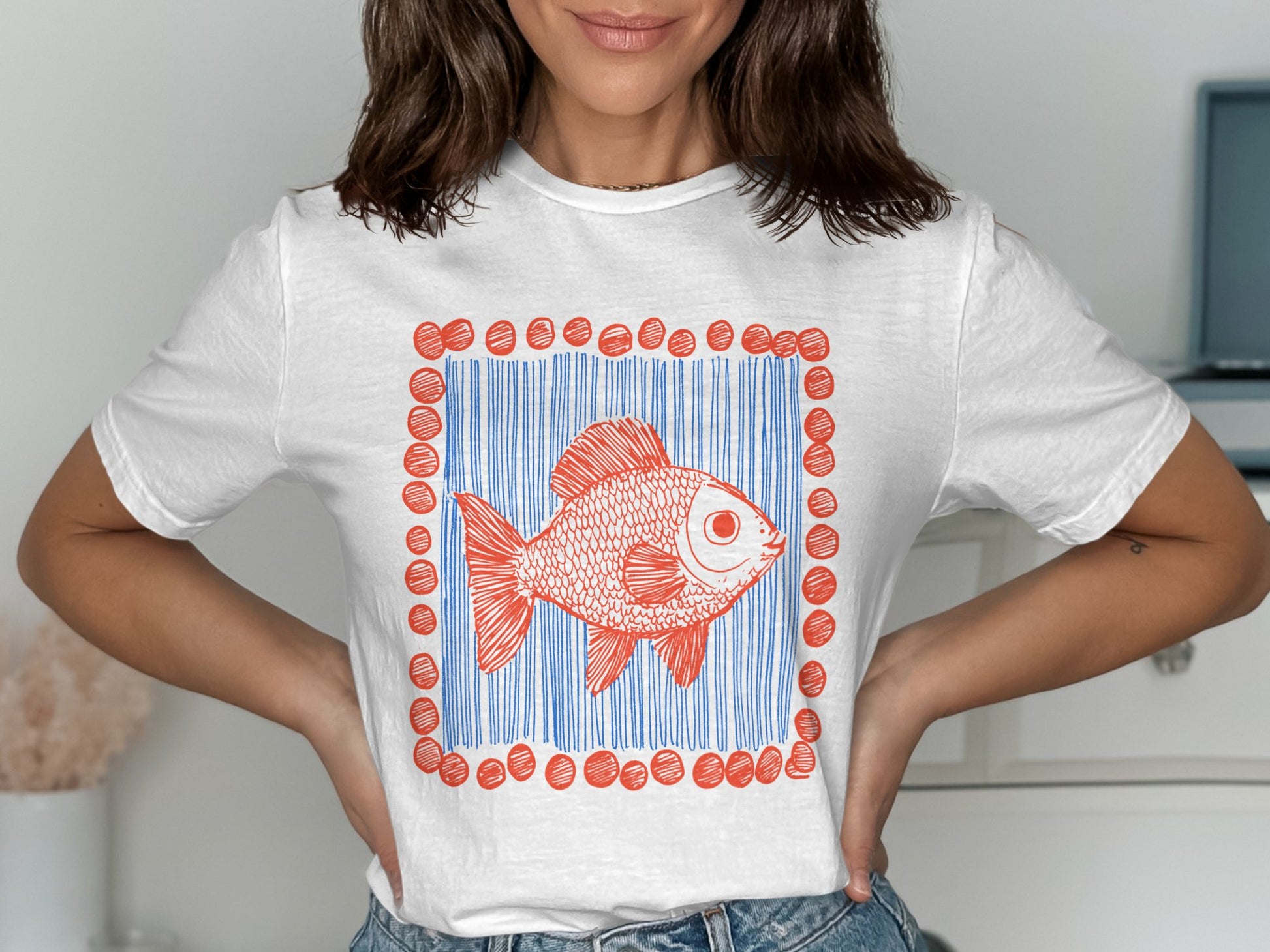 White T-Shirt with Red Fish Graphic Print product type