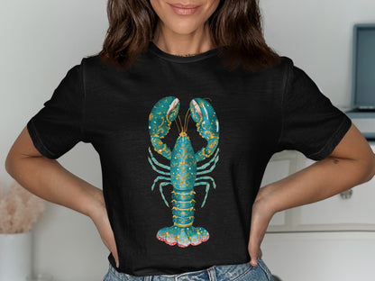 Black t-shirt with a teal and gold ornate lobster graphic.
