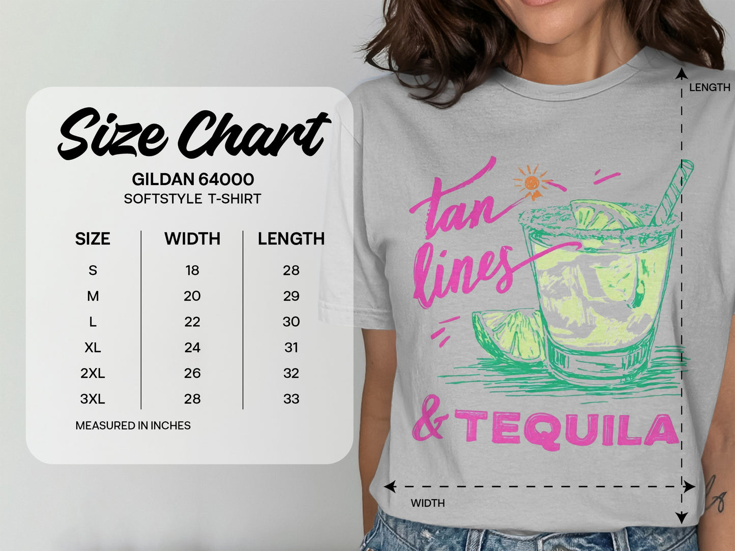 Gildan 64000 size chart for softstyle t-shirt with tan lines & tequila graphic.
