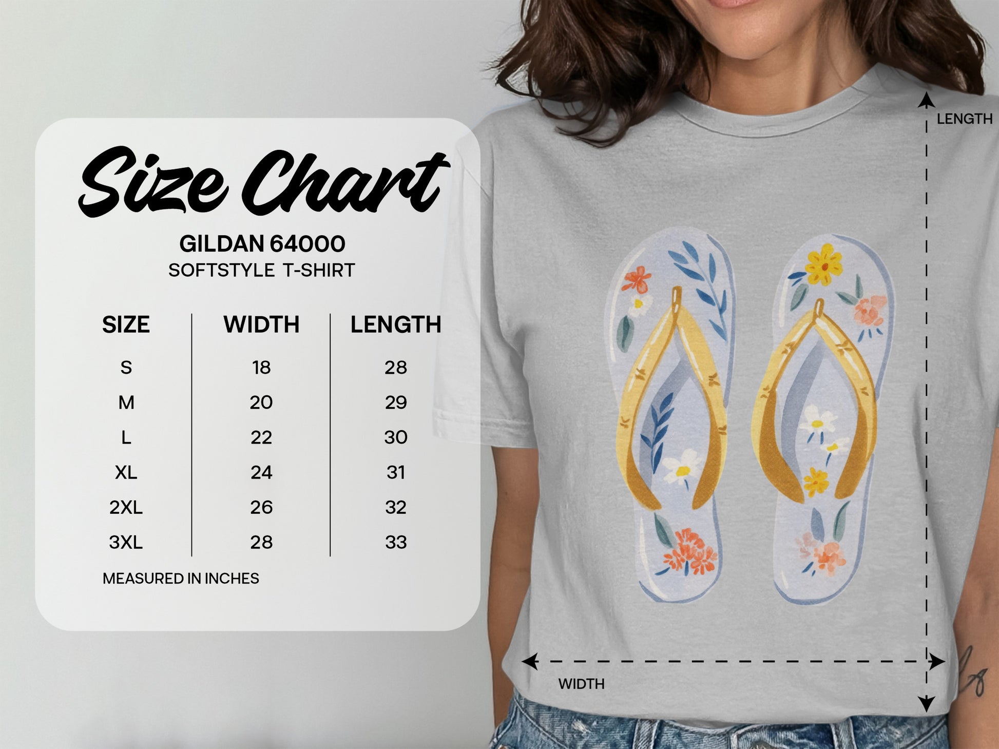 Gildan 64000 Softstyle T-shirt size chart with flip-flop graphic.