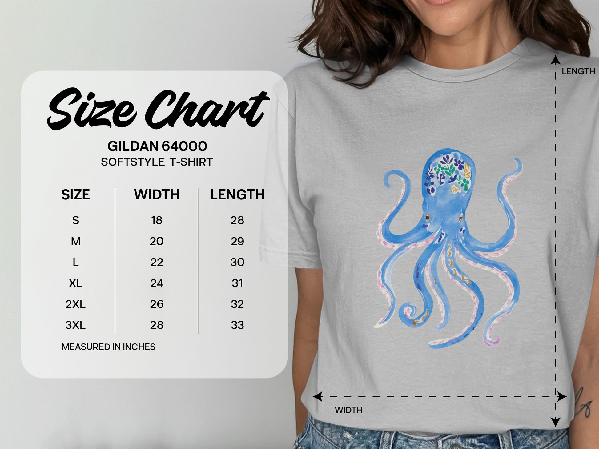 Gildan 64000 Softstyle T-shirt size chart with measurements in inches.