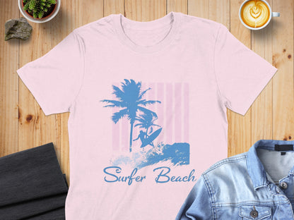 Pink t-shirt with blue surfer silhouette, palm trees, and "Surfer Beach" text.