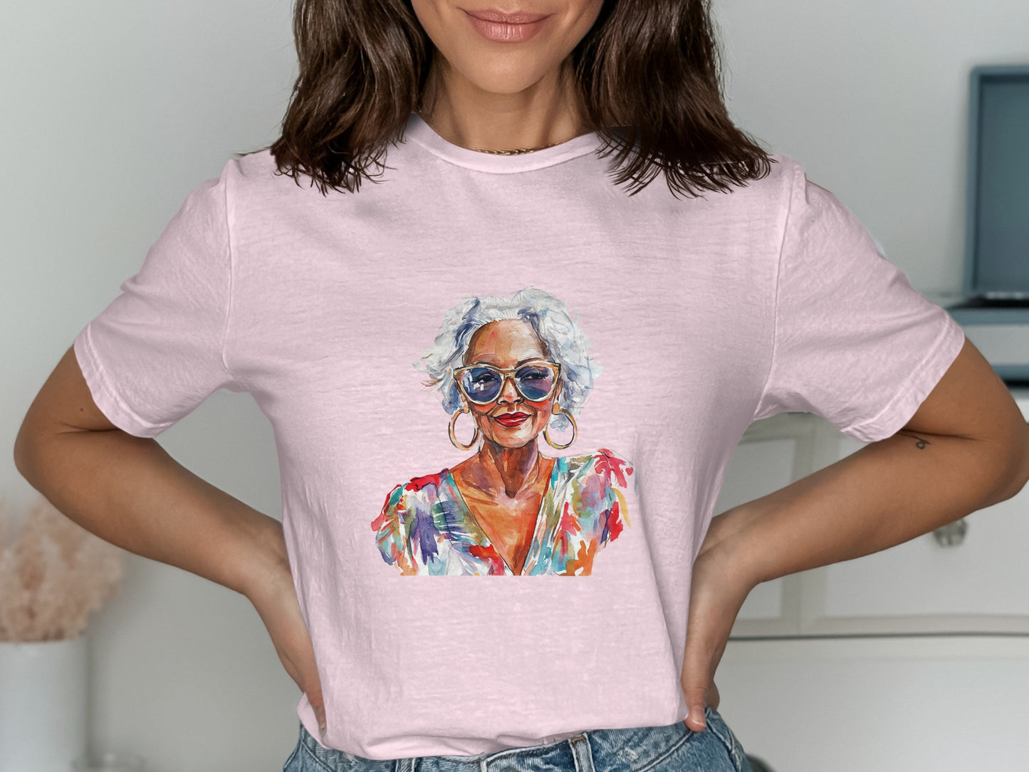 T-shirt with watercolor portrait of a stylish older woman wearing sunglasses.