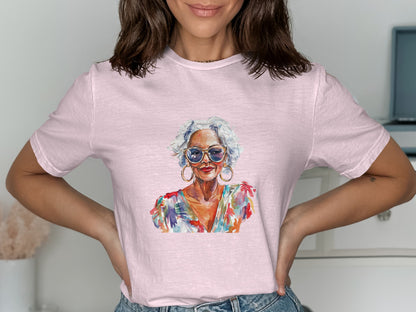 T-shirt with watercolor portrait of a stylish older woman wearing sunglasses.