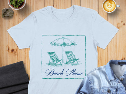 Light blue t-shirt with a beach scene sketch and "Beach Please" text.