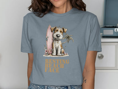 Dog in floral collar with surfboard and palm tree, text "RESTING BEACH FACE".