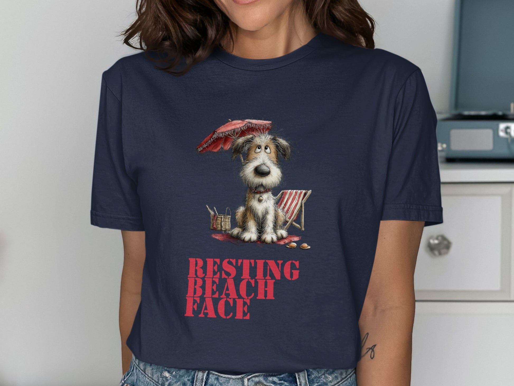 Illustration of a dog on a beach with "Resting Beach Face" text.