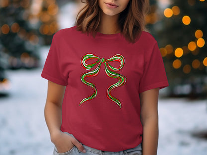 Festive Red T-shirt with Colorful Bow Graphic product type