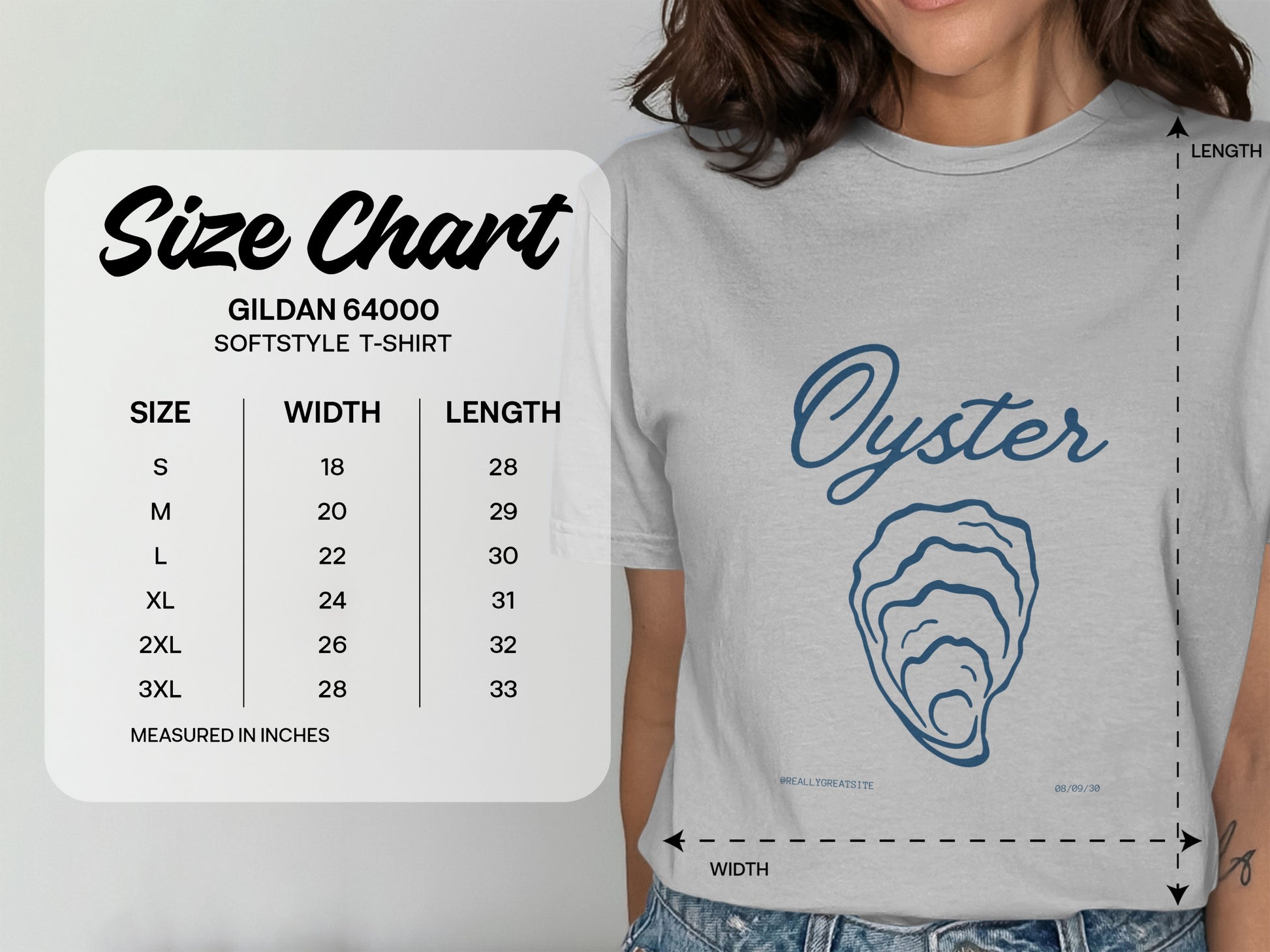 Gildan 64000 Softstyle T-Shirt size chart with width and length measurements.