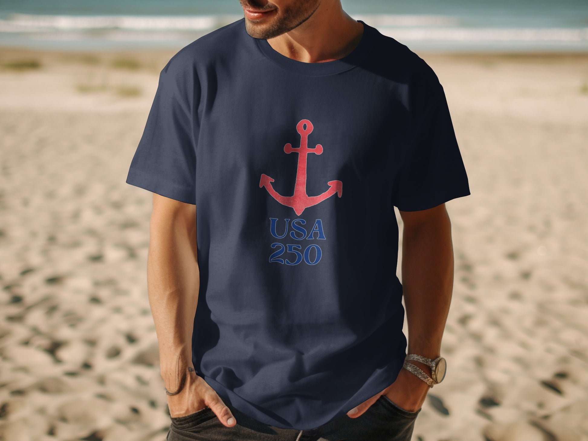 Navy t-shirt with red anchor and "USA 250" text.