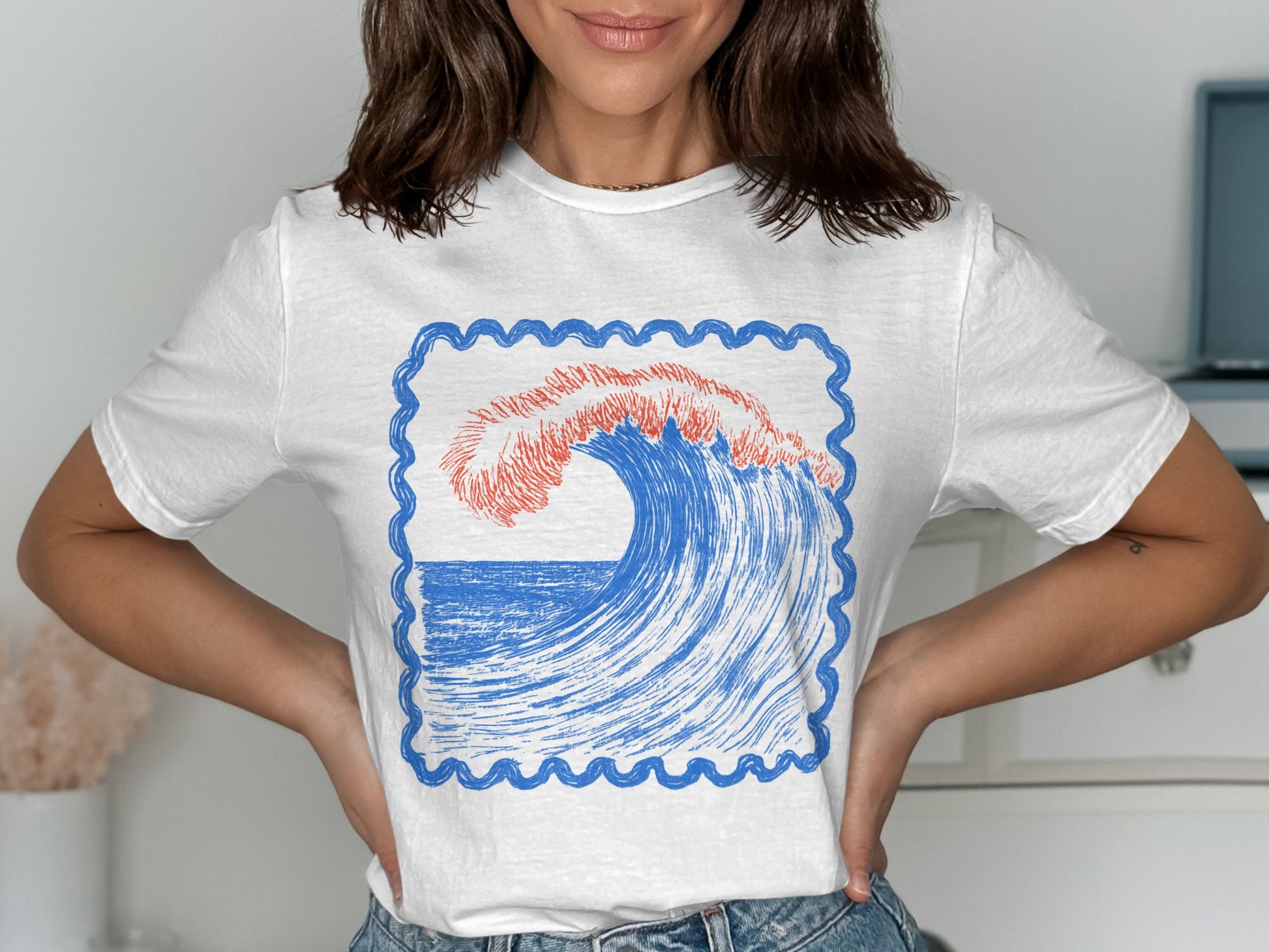 Colorful Wave Drawing on White T Shirt product type