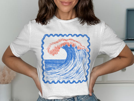 Colorful Wave Drawing on White T Shirt product type