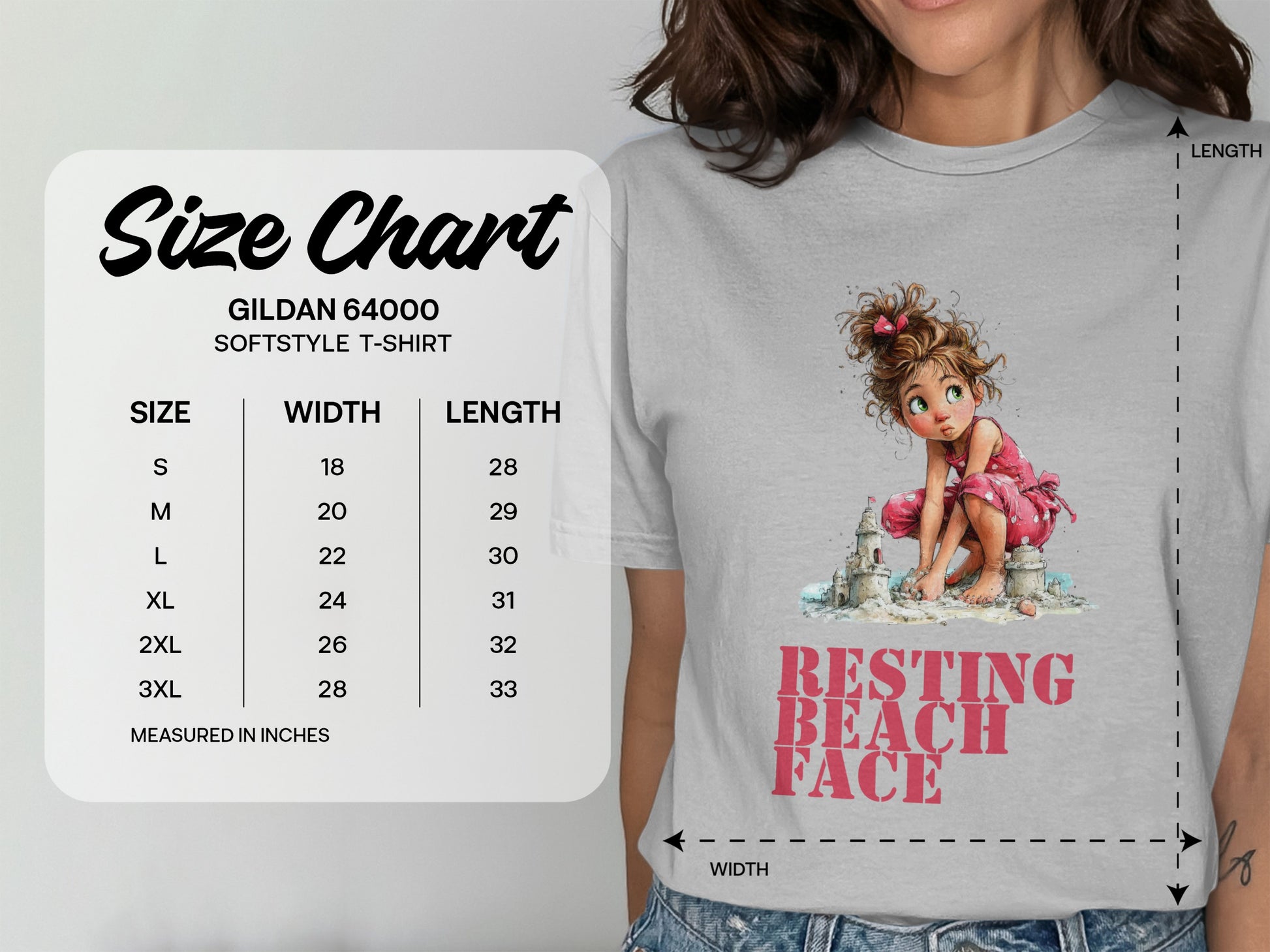 Gildan 64000 t-shirt size chart with measurements and graphic.