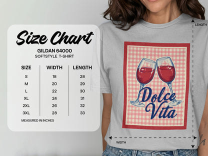 Gildan 64000 softstyle t-shirt size chart with "Dolce Vita" graphic.