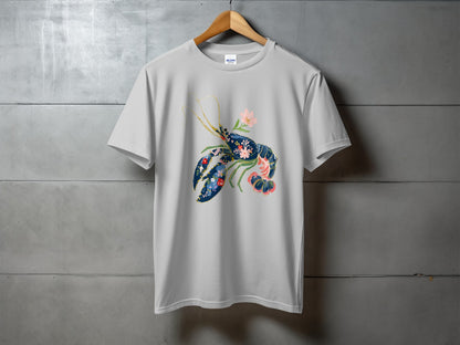 Gray t-shirt with a blue and gold lobster and pink flower design.