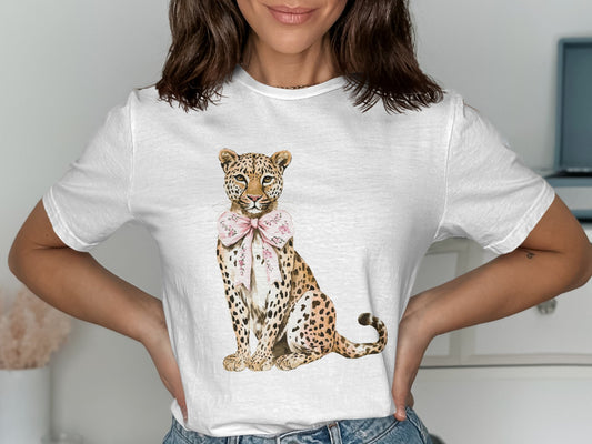 Leopard With Pink Polka Dot Bow Graphic T-Shirt product