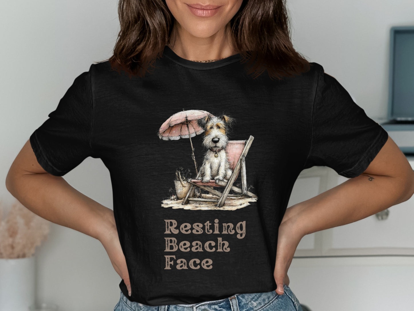 Dog sitting on a beach chair under an umbrella, with text "Resting Beach Face".