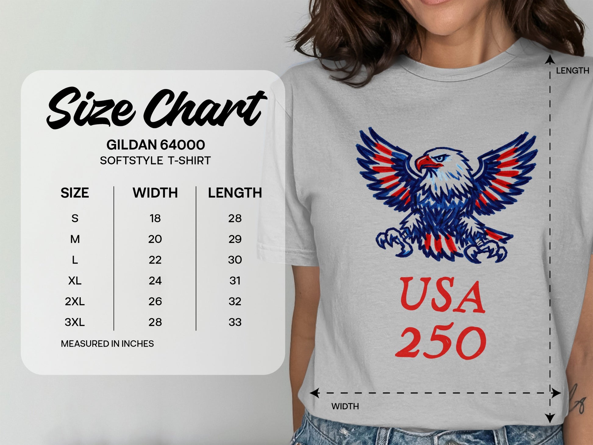 Gildan 64000 Softstyle t-shirt size chart with eagle graphic and "USA 250".