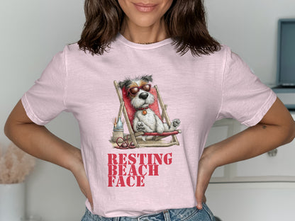 White terrier dog in sunglasses relaxing on a beach chair.