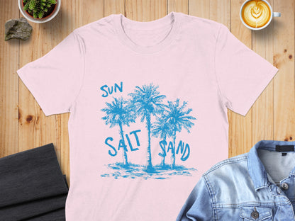 Pink t-shirt with blue palm trees and "Sun Salt Sand" text.