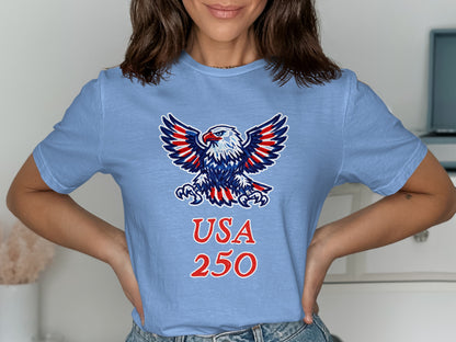 Blue t-shirt with an eagle and "USA 250" text.