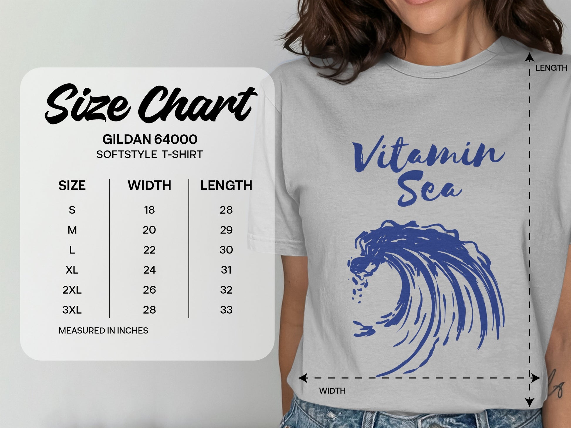 Gildan 64000 size chart for softstyle t-shirts, measured in inches.