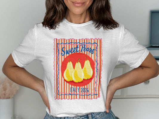 White t-shirt featuring "Sweet Pears ITALY 2026" with three yellow pears.