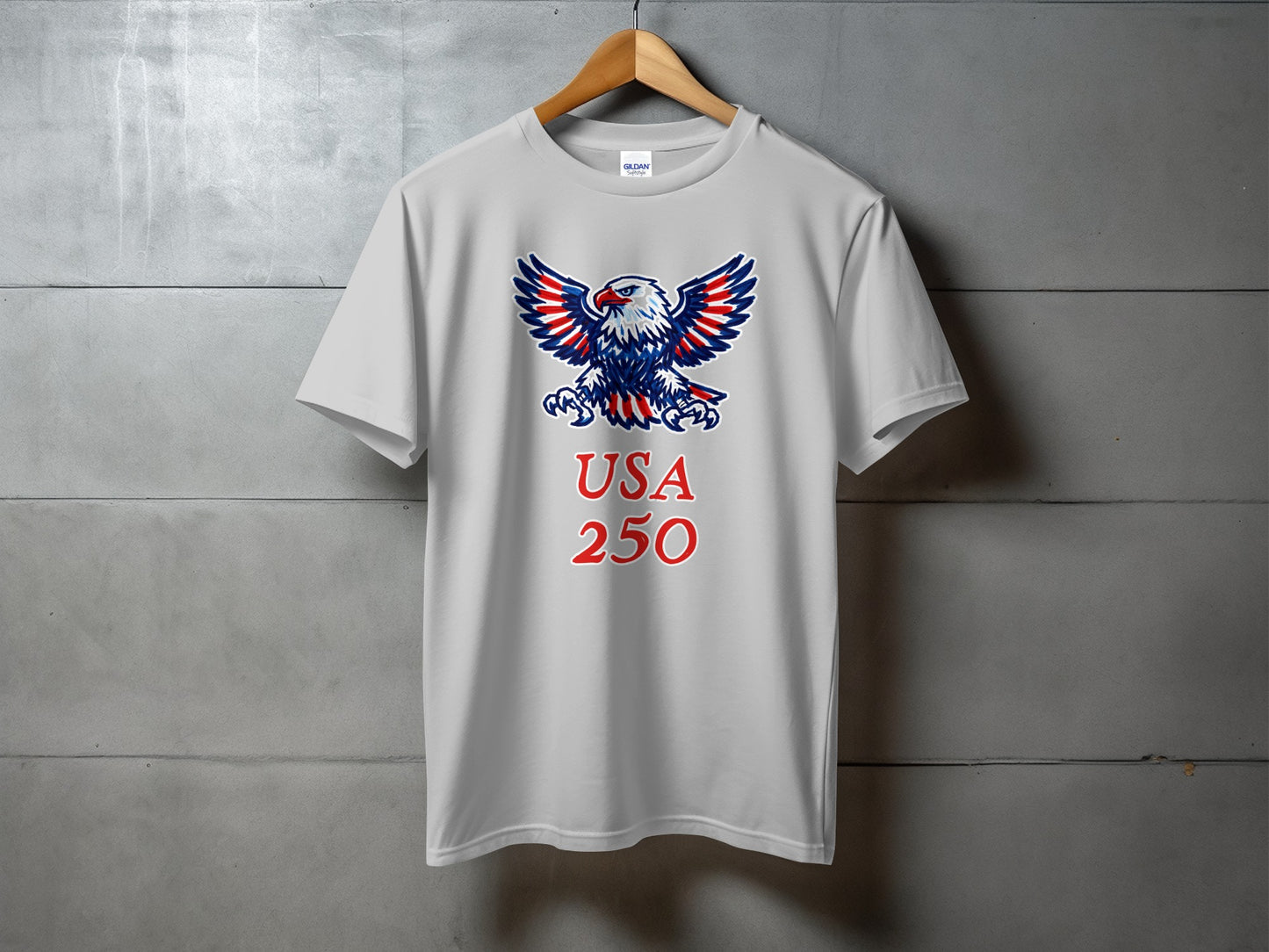 Grey t-shirt with patriotic eagle and "USA 250" text.
