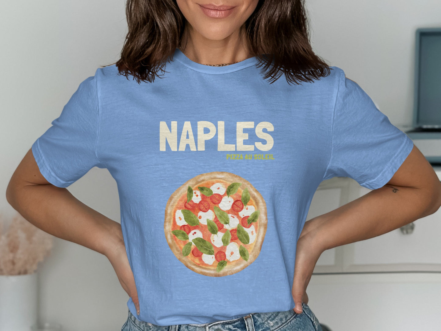 Blue t-shirt with "NAPLES" and a pizza graphic.