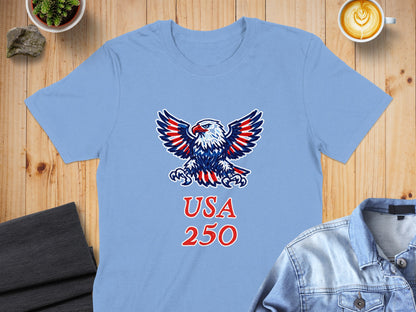 Light blue t-shirt with a bald eagle design and "USA 250" text.
