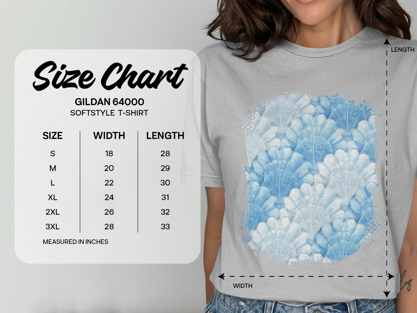 Gildan 64000 Softstyle T-Shirt size chart with width and length measurements in inches.