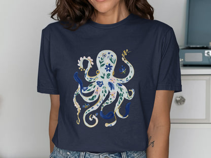 Navy t-shirt with a white and blue floral octopus design.