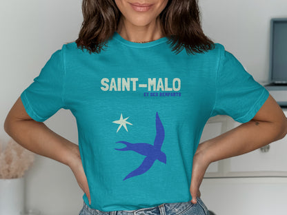 Teal t-shirt with "SAINT-MALO ET SES REMPARTS" and a bird graphic.