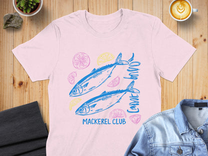 Pink t-shirt featuring two blue mackerel fish with lemon slices and text "Mackerel Club".