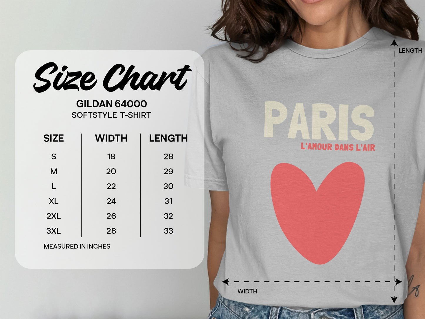 Gildan 64000 size chart for softstyle t-shirts, listing measurements in inches.
