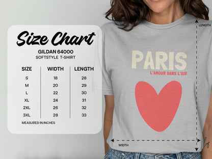 Gildan 64000 size chart for softstyle t-shirts, listing measurements in inches.