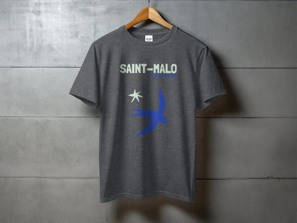 Dark grey t-shirt with "SAINT-MALO" and a blue bird graphic.
