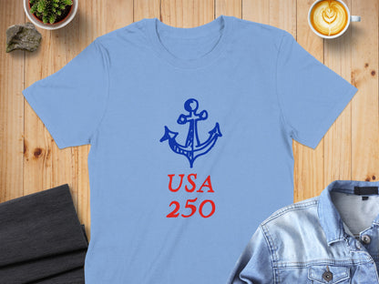 Light blue t-shirt with red anchor and "USA 250" text.