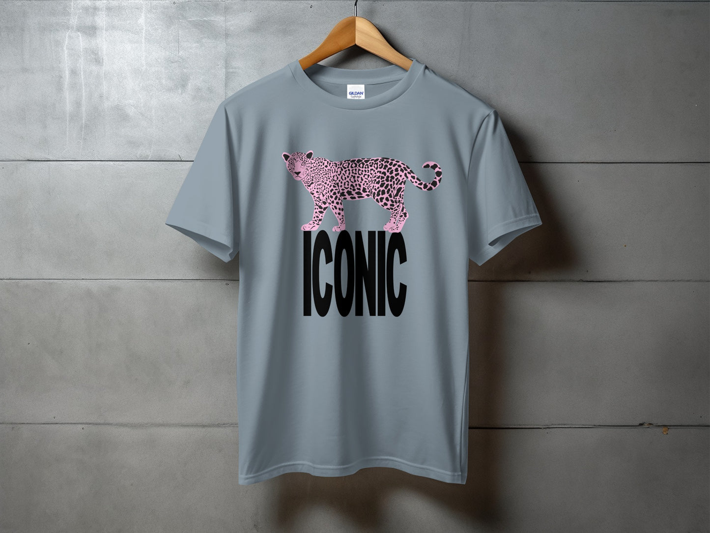 Gray t-shirt with pink leopard print and "ICONIC" text.