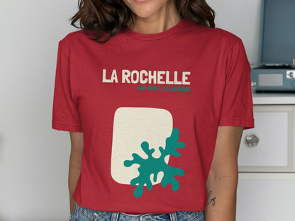 Red t-shirt with "LA ROCHELLE" and abstract design.